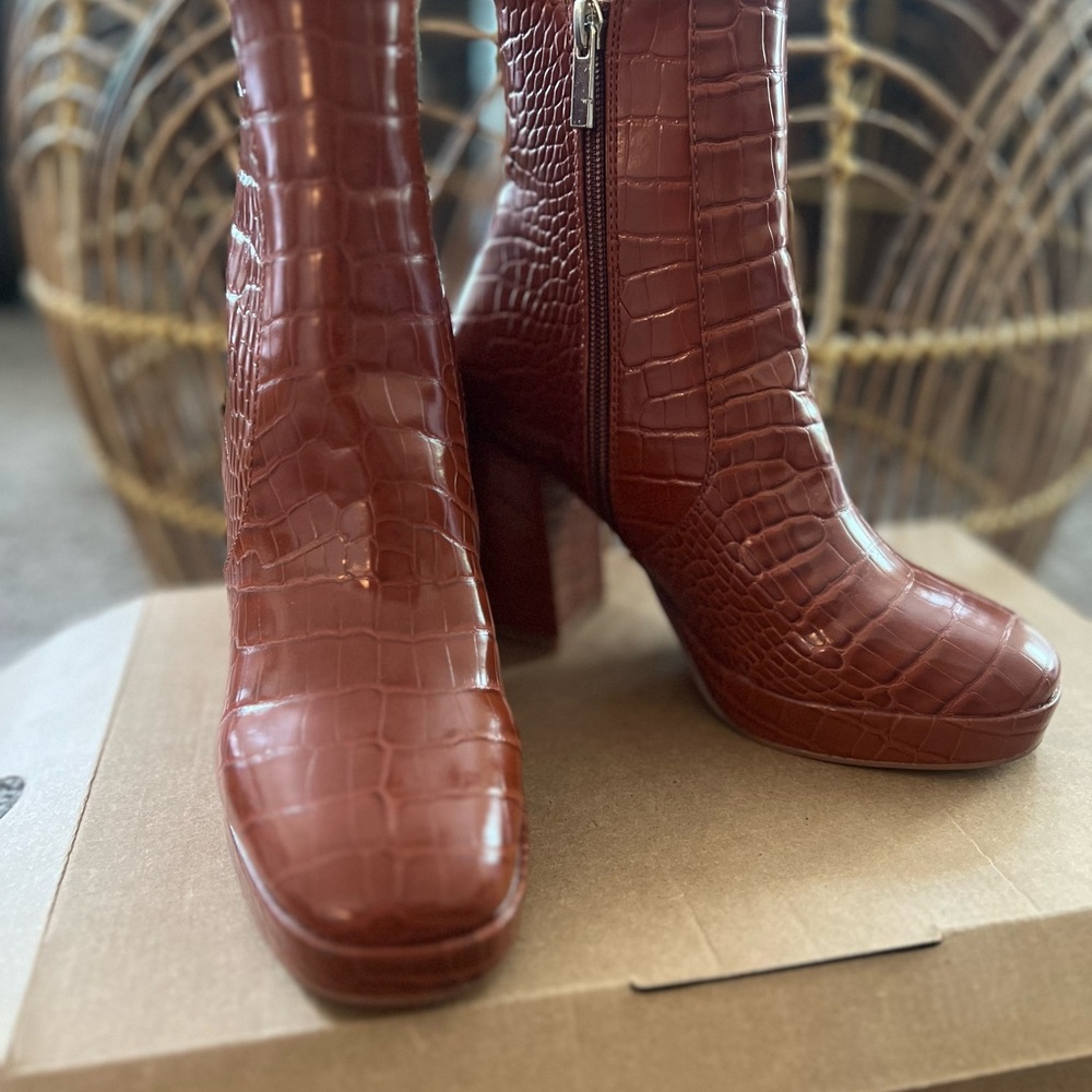ASOS Brown Croc-Embossed Heeled Boots